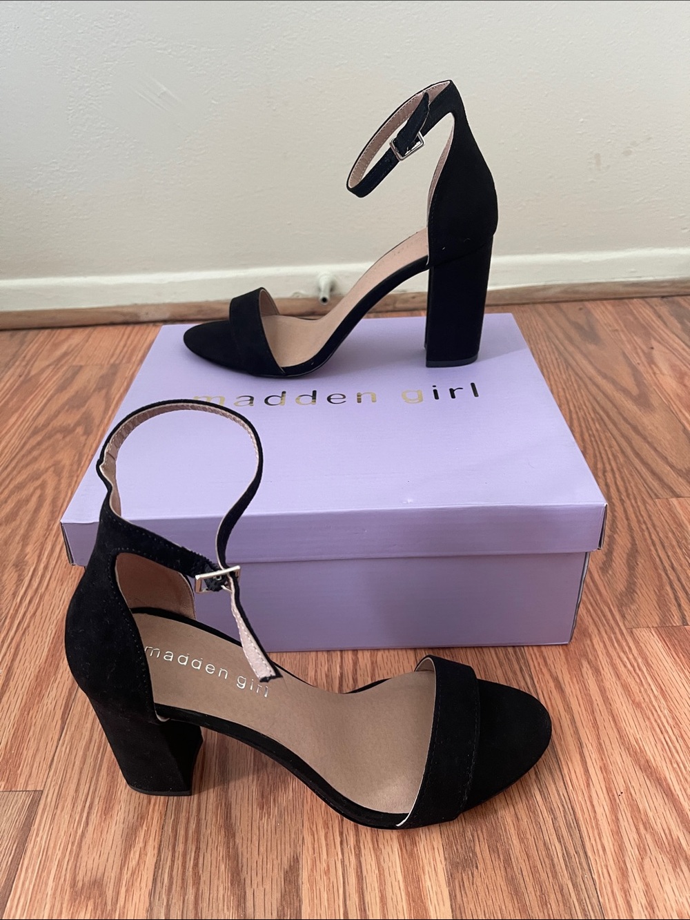 Madden Girl Black Suede Ankle Strap Block Heel Sandals